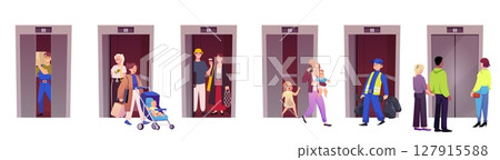 People using an elevator vector flat illustrations set, family with children and stroller, workers with cargo using lift 127915588