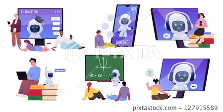 Students with smartphones, online studying with chat bot, distance education AI robotic learn assistance vector flat set 127915589