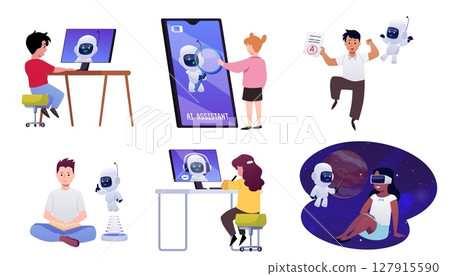 School kids studying with chat bot, Artificial intelligence support, digital education, ai robotic assistance vector set 127915590
