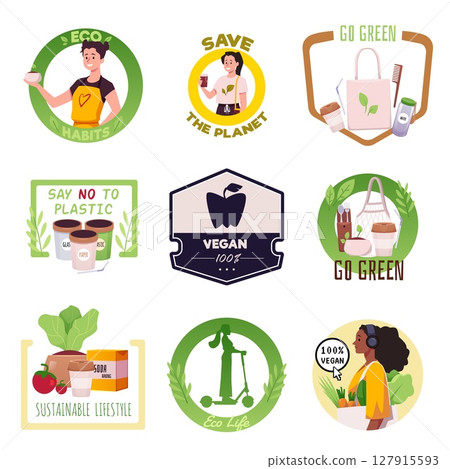 Vector set of eco icons in different shapes for veganism, plastic-free living and save the planet. 127915593