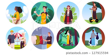 Reduce, reuse, recycle and zero waste concept, people use biodegradable things, ecological transport, round frame vector 127915594