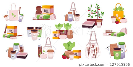 ECO sustainable lifestyle compositions flat set, ecological elements, cartoon reduce, reuse, recycle concept, Zero waste 127915596