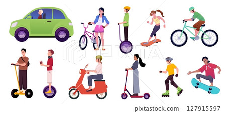 People driving ecological transport vector flat illustration set, cartoon electric scooter and car bicycle ECO lifestyle People driving ecological transport vector flat illustration set, cartoon electric scooter and car bicycle ECO lifestyle 127915597