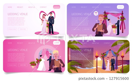 Wedding venue service vector landing page designs set, newlywed couple near the altar and marriage ceremony organizer Wedding venue service vector landing page designs set, newlywed couple near the altar and marriage ceremony organizer 127915600