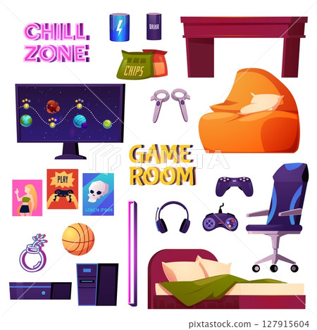 Vector set of furniture, equipment and accessories for gaming room interior. 127915604