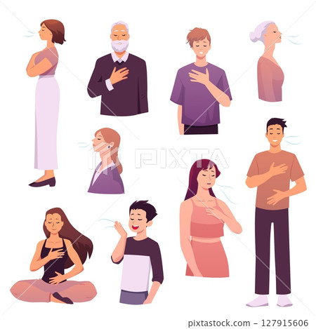 People different ages making calm breathing exercise, holding chest and stomach vector flat illustrations set People different ages making calm breathing exercise, holding chest and stomach vector flat illustrations set 127915606