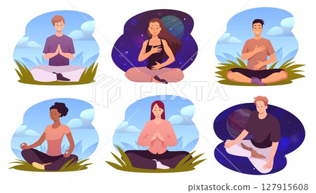 Vector set of characters meditating and doing breathing exercises in lotus position. Vector set of characters meditating and doing breathing exercises in lotus position. 127915608