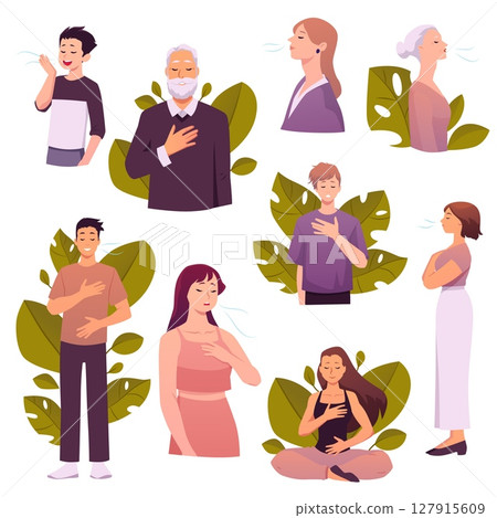 People different ages making calm breathing exercise on floral backdrop, holding chest and stomach vector illustration People different ages making calm breathing exercise on floral backdrop, holding chest and stomach vector illustration 127915609