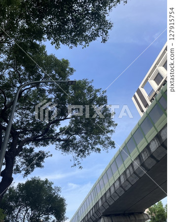 藍天綠蔭下的城市立體交叉風光 | 藍天與立體交叉交叉口，城市綠蔭與建築 127915754