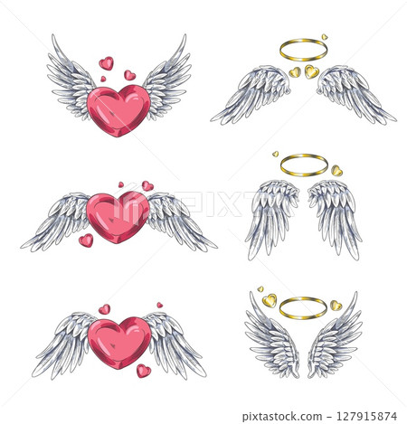 Vector set of black and white sketch angel wings on red heart and golden halo. 127915874