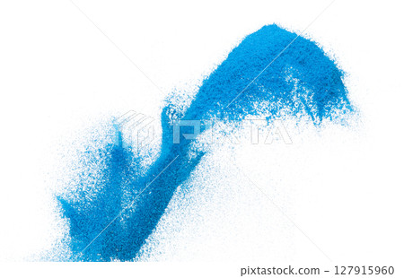 Small size blue Sand flying explosion, Ocean sands grain wave explode. Abstract cloud fly. Blue colored sand splash throwing in Air. White background Isolated high speed shutter, throwing freeze stop 127915960