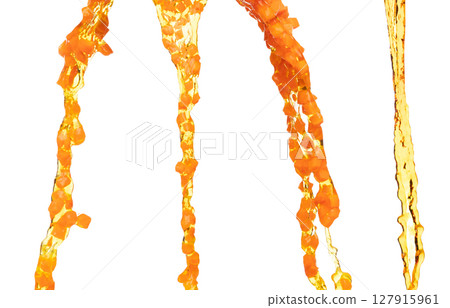 Carrot fresh dice cube shape pouring down with water. Beta Carotene orange color in Carrot is good health. Many Dice cube carrot falling with cooking oil. White background isolated, high speed 127915961