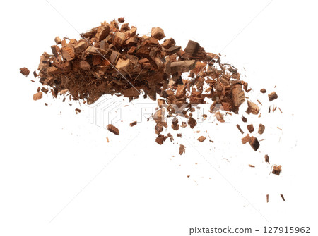 Coconut peel husk flying explosion, coconut chopped big L size abstract cloud fly. Coconut shell peel fertilizer splash throwing in Air. White background Isolated high speed shutter, freeze action Coconut peel husk flying explosion, coconut chopped big L size abstract cloud fly. Coconut shell peel fertilizer splash throwing in Air. White background Isolated high speed shutter, freeze action 127915962