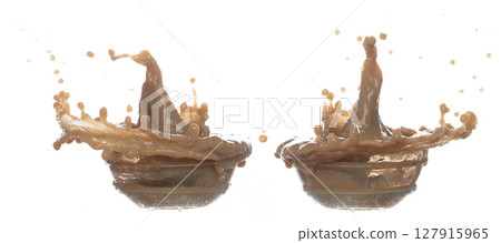 Milk Tea fall pouring down in Shape form line. Milk Ice coffee splash spill drop droplet out of glass, chocolate cocoa attack fluttering explosion in air. White background isolated, stop motion 127915965