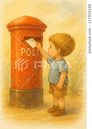 小男孩的留言 | 童年郵箱的記憶 | 信件的交流日常生活畫風景 | 孩子把信放進郵箱，水彩風格 127916189