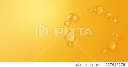 Background material of multiple water droplets on a yellow background. Copy space. 3D (horizontal) 127916276