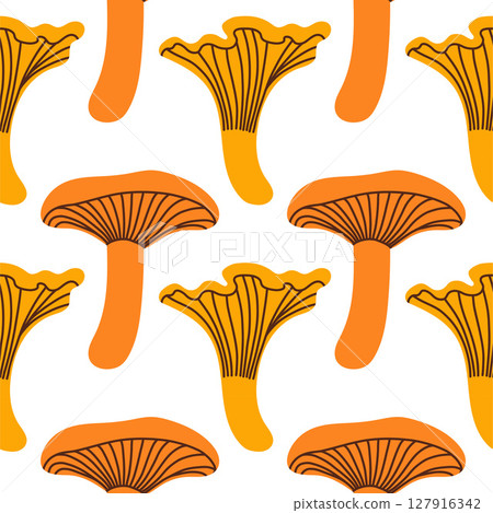 Mushrooms seamless pattern. Autumn isolated mushrooms on white background. Square repeat pattern flat design for fall season. 127916342