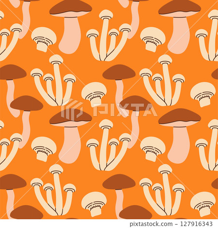 Mushrooms seamless pattern. Autumn isolated mushrooms on orange background. Square repeat pattern flat design for fall season. 127916343