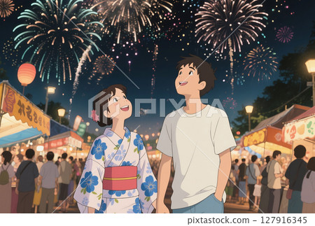 一對情侶手牽手走過煙火節攤位，吉卜力風格插畫 127916345