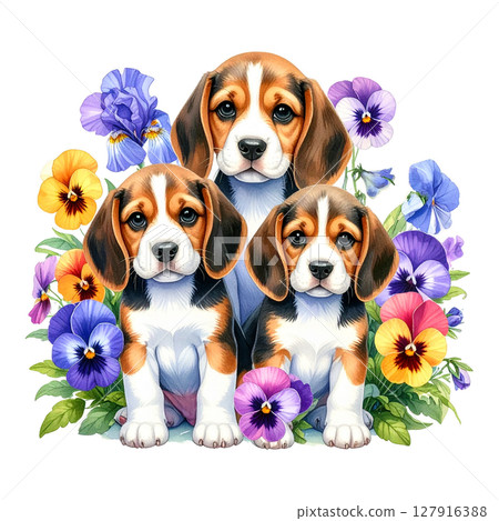 三色堇和紫羅蘭的插圖以及父母和孩子的小獵犬 1 / 傳單和海報材料 三色堇和紫羅蘭的插圖以及父母和孩子的小獵犬 1 / 傳單和海報材料 127916388