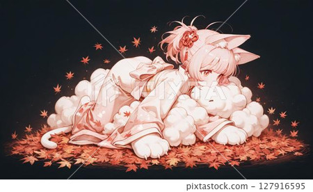 Relaxing Anime Cat Girl on Autumn Leaves and Cloud 127916595