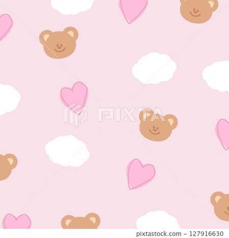 Illustration of teddy bear, heart, cloud on pastel pink background for wallpaper, backdrop, spring, summer, fabric, garment, textile, duvet, pyjamas, paper, book cover, animal print, Valentine's Day Illustration of teddy bear, heart, cloud on pastel pink background for wallpaper, backdrop, spring, summer, fabric, garment, textile, duvet, pyjamas, paper, book cover, animal print, Valentine's Day 127916630