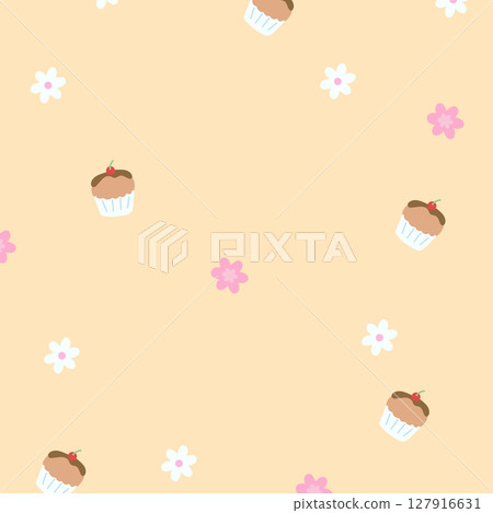 Illustration of cupcake, flowers on pastel orange background for wallpaper, backdrop, floral print, spring, summer, fabric, garment, textile, duvet, pyjamas, paper, book cover, sweet dessert, apron Illustration of cupcake, flowers on pastel orange background for wallpaper, backdrop, floral print, spring, summer, fabric, garment, textile, duvet, pyjamas, paper, book cover, sweet dessert, apron 127916631