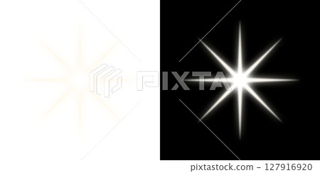 Bright white 8-point starlight effect - transparent and black background 127916920