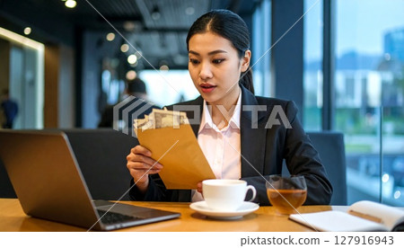女商人驚訝地看到她的薪水在包包裡 女商人驚訝地看到她的薪水在包包裡 127916943