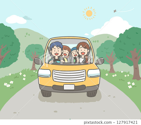 一個微笑的家庭在山路上享受駕駛樂趣/一個家庭的向量插圖 127917421