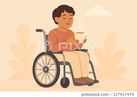 坐在輪椅上享受熱飲的微笑男人 127917474