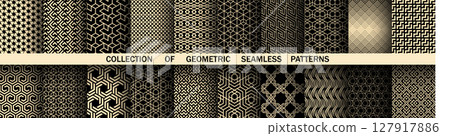 Geometric set of seamless black and golden patterns. Simple vector graphics Geometric set of seamless black and golden patterns. Simple vector graphics 127917886