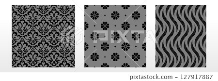 Geometric floral set of seamless patterns. Gray and black vector backgrounds. Damask graphic ornaments Geometric floral set of seamless patterns. Gray and black vector backgrounds. Damask graphic ornaments 127917887