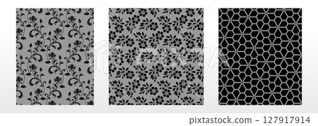 Geometric floral set of seamless patterns. Gray and black vector backgrounds. Damask graphic ornaments 127917914