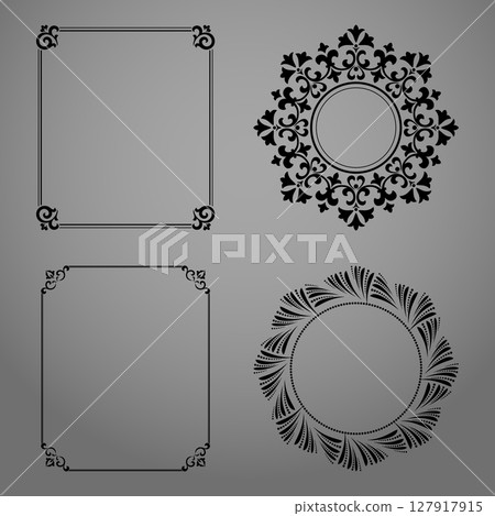 Set of decorative frames Elegant vector element for design in Eastern style, place for text. Floral black and gray borders. Lace illustration for invitations and greeting cards 127917915
