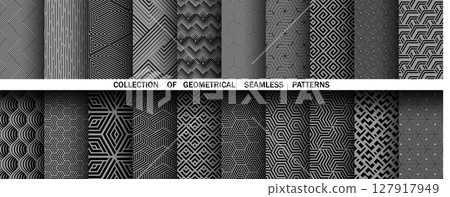 Geometric set of seamless black and gray patterns. Simple vector graphics 127917949