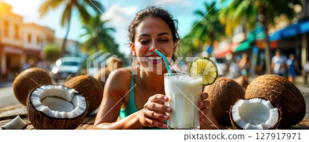Young Woman Enjoying Coconut Drink on Tropical Vacation, Palm Trees and Beach Vibe, Summer 127917971