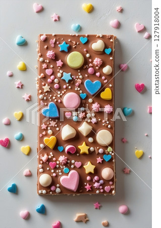 Delicious Chocolate Bar Adorned with Colorful Candy Hearts and Stars on a White Surface 127918004
