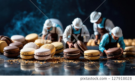 Miniature Bakers Crafting Gourmet Macarons A Whimsical Foodie Scene, Culinary Artistry Displayed 127918028