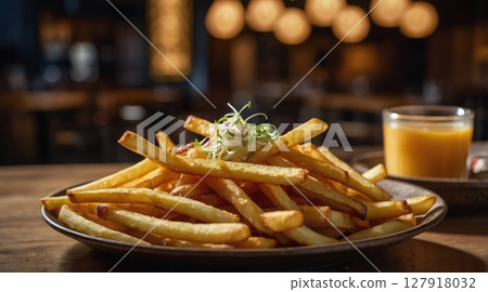 Golden French Fries Delight A Culinary Still Life with Refreshing Orange Juice, Restaurant Setting 127918032