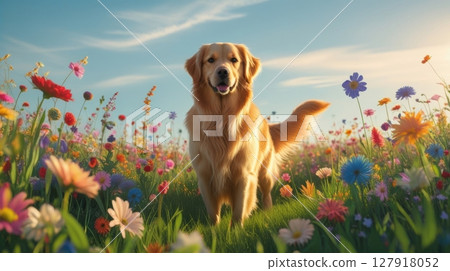 Golden Retriever Enjoying a Sunny Day in a Vibrant Meadow of Colorful Wildflowers. Blissful Moment. 127918052