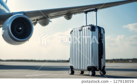 Suitcase Ready for Adventure Travel Companion on the Airport Tarmac, Airplane in the Background Suitcase Ready for Adventure Travel Companion on the Airport Tarmac, Airplane in the Background 127918059