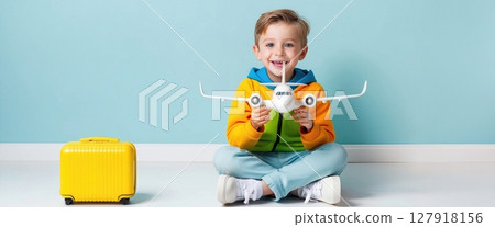 Young Boy with Toy Airplane Ready for Adventure, Sitting Beside His Yellow Suitcase. Travel dreams. Young Boy with Toy Airplane Ready for Adventure, Sitting Beside His Yellow Suitcase. Travel dreams. 127918156