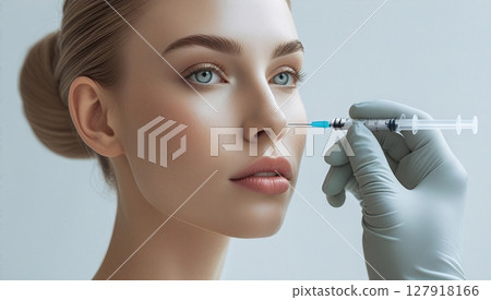 Cosmetic Procedure Beautiful Woman Receiving Nose Filler Injection for Enhancement, Beauty Cosmetic Procedure Beautiful Woman Receiving Nose Filler Injection for Enhancement, Beauty 127918166