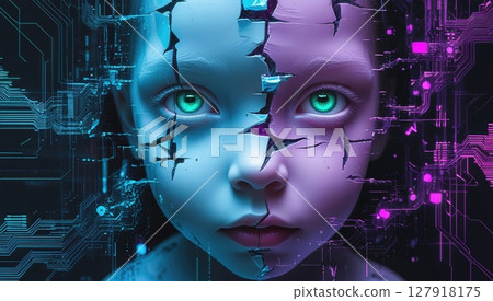 Fragmented Future Cybernetic Child with Digital Veins and Piercing Emerald Eyes Gaze 127918175