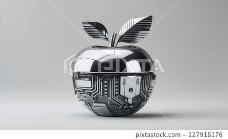 Futuristic Metallic Fruit with Intricate Circuitry on a Solid Gray Background, Isolated 127918176