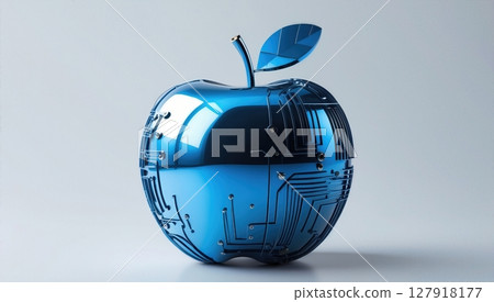 Futuristic Metallic Apple with Circuit Board Design on Isolated White Background 127918177