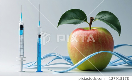 Modified Apple with Syringes Genetic Engineering and Food Safety Concerns Concept Modified Apple with Syringes Genetic Engineering and Food Safety Concerns Concept 127918178