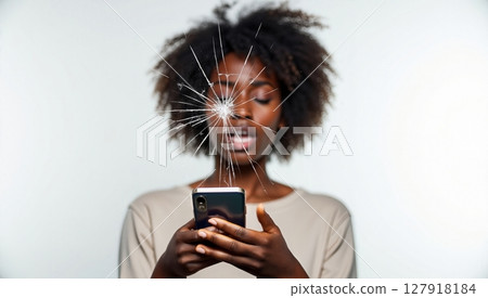 Frustrated Woman with Broken Smartphone Screen Digital Device Damage Concept Studio Shot Frustrated Woman with Broken Smartphone Screen Digital Device Damage Concept Studio Shot 127918184