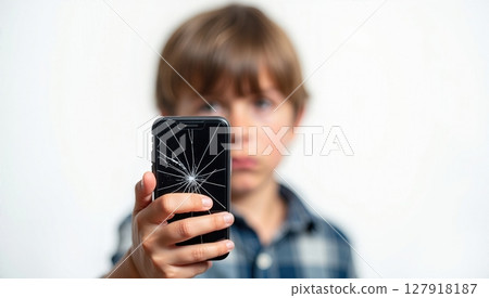 Upset Young Boy Holding a Broken Smartphone with Cracked Screen Display in His Hand 127918187